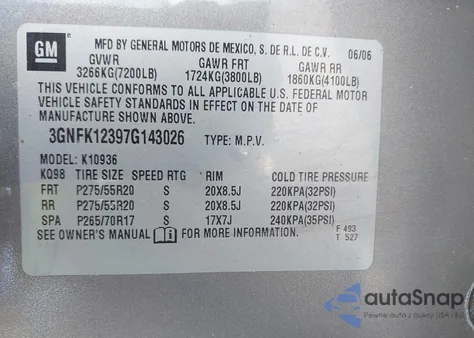 2007 Chevrolet Avalanche 1500 Lt from USA, damaged, VIN 3GNFK12397G143026